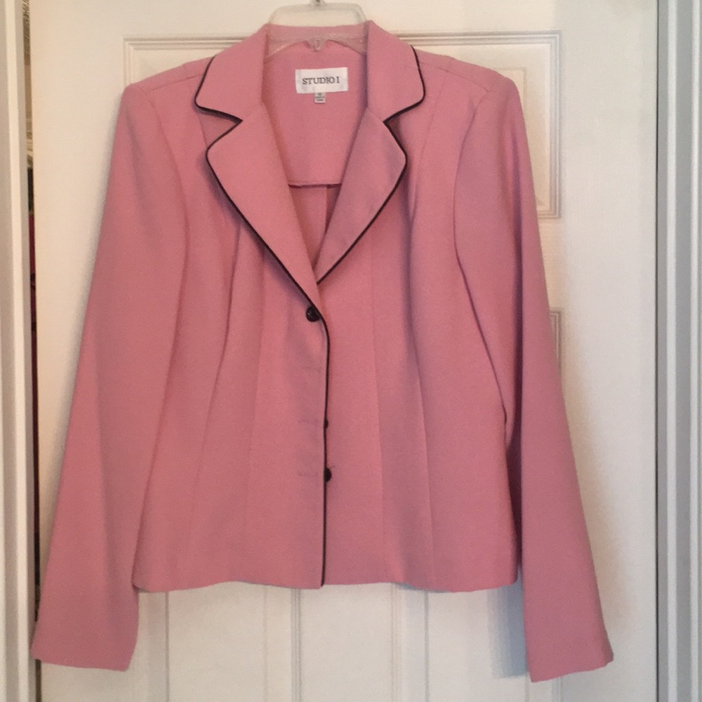 Pink with brown trim suit jacket